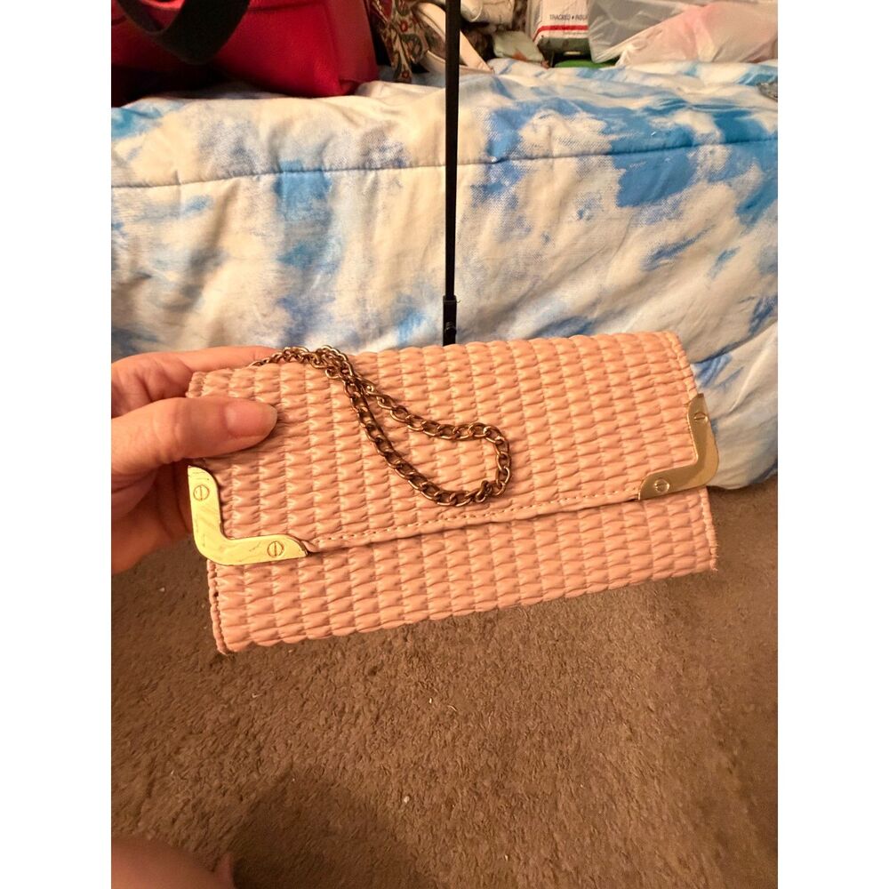 Blush Pink Woven Envelope Clutch Wallet Gold Chain Strap Evening Bag